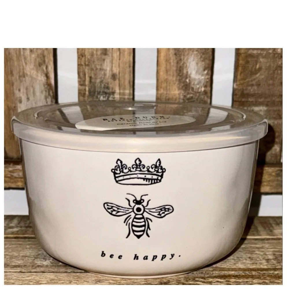 NEW Rae Dunn Queen Bee Bee Happy Ceramic Round Food Storage Container 🐝 - Picture 2 of 2